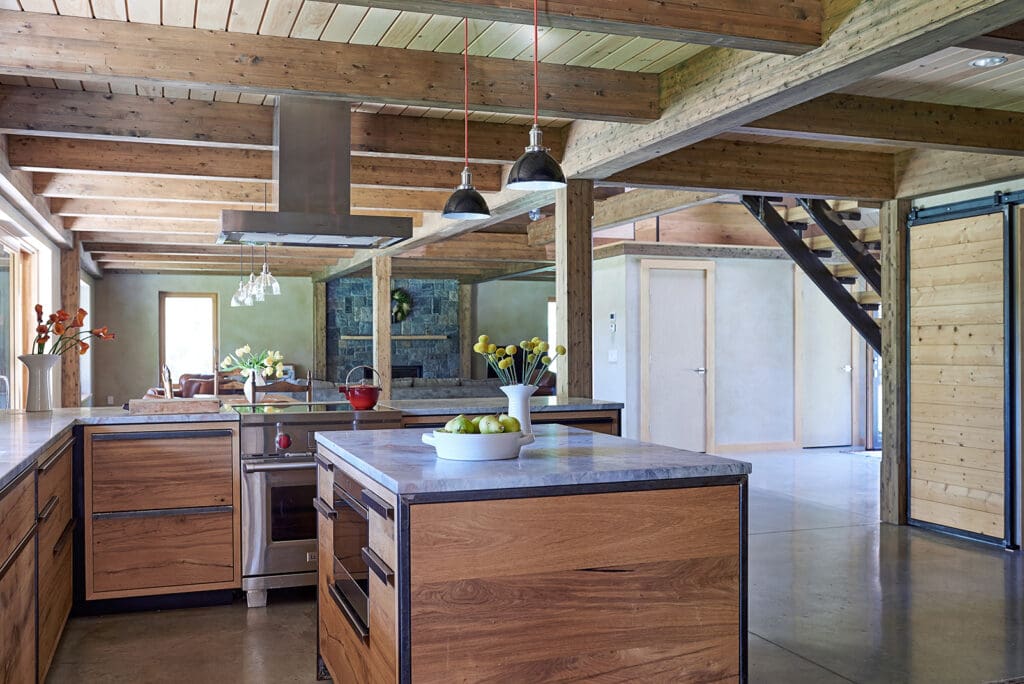 Kitchen island overlooking open dining area
