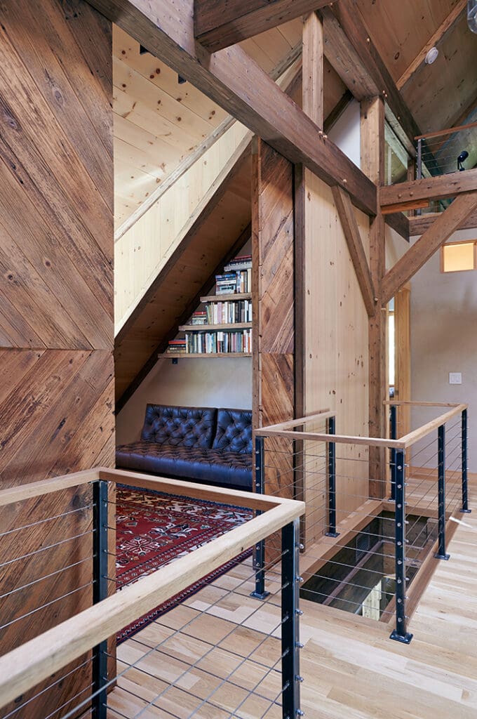 Angled wood paneling in a home hallway