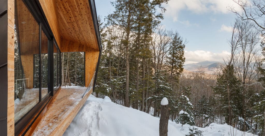 View from the porch of an angular tiny house