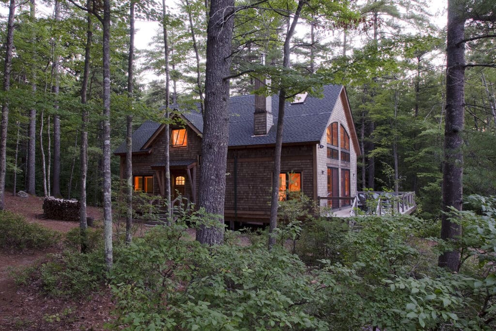 A rustic prefab cabin in the woods